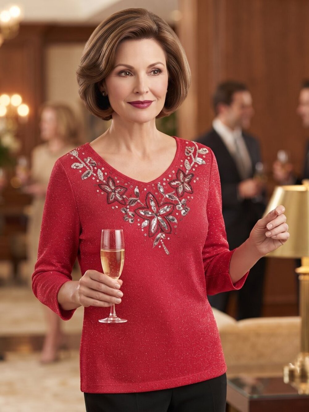 Cathy Daniels Women L Red Holiday Top Sparkle Knit Sequin Floral Rare Vintage